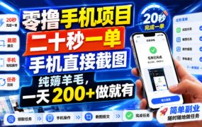 零撸手机项目,二十秒一单,手机直接截图,纯薅羊毛,一天200+做就有【揭秘】