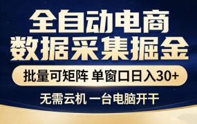 全自动电商数据采集掘金，批量可矩阵单窗口日入30+，无需云机一台电脑开干【揭秘】