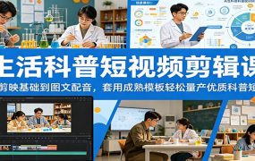 生活科普短视频剪辑课：从剪映基础到图文配音，套用成熟模板轻松量产优质科普短片