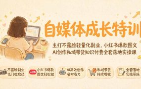 自媒体成长特训｜主打不露脸轻量化副业，小红书爆款图文AI创作私域带货知识付费全套落地实操课