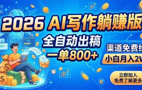 2026 AI写作躺赚版：全自动出稿，一单800+，渠道免费给，小白月入2W