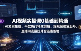 AI视频实操课0基础到精通｜AI文案生成、千款热门特效剪辑、短视频带货起号、直播间流量拉升全链路落地