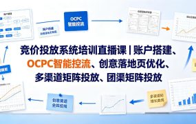 竞价投放系统培训直播课｜账户搭建、OCPC智能控流、创意落地页优化、多渠道矩阵投放、团队管理与副业变现全阶实战