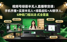 视频号绿幕半无人直播带货课：手机手播×实景半无人×绿幕虚拟×AI数字人，6种低门槛玩法全覆盖