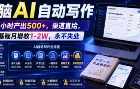 电脑AI自动写作，一小时产出500+，渠道直给，0基础月增收1-2W，永不失业【揭秘】