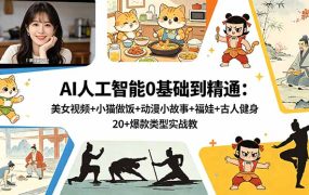 AI人工智能0基础到精通：美女视频+小猫做饭+动漫小故事+福娃+古人健身，20+爆款类型实战教学
