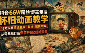 抖音66W粉丝博主亲授怀旧动画教学，可做抖音精选独家、收徒、接商单等，从零基础打造爆款怀旧动画短视频