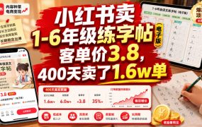 小红书卖1-6年级练字帖(电子版)，客单价3.8，400天卖了1.6w单