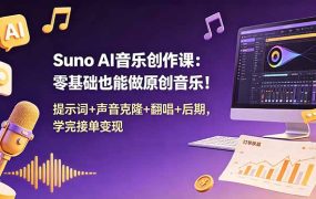 Suno AI音乐创作课：零基础也能做原创音乐！提示词+声音克隆+翻唱+后期，学完接单变现