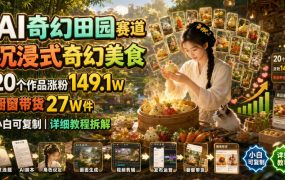 AI奇幻田园赛道，沉浸式奇幻美食，20个作品涨粉149.1W，橱窗带货27W件，小白可复制，详细教程拆解