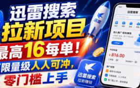 迅雷搜索拉新项目，最高16每单！不限量级人人可冲，零门槛上手