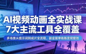 AI视频动画全实战课，7大主流工具全覆盖，多场景从提示词到成片全流程，副业接单账号变现提效