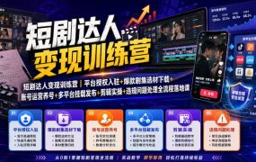 短剧达人变现训练营|平台授权入驻+爆款剧集选材下载+账号运营养号+多平台挂载发布+剪辑实操+违规问题处理全流程落地课