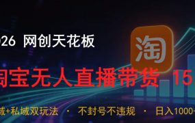 2026网创天花板，淘宝无人直播带货15.0，公域+私域双玩法，日入1k+，不违规不封号【揭秘】