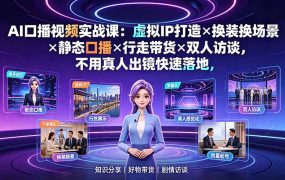 AI口播视频实战课：虚拟IP打造×换装换场景×静态口播×行走带货×双人访谈，不用真人出镜快速落地